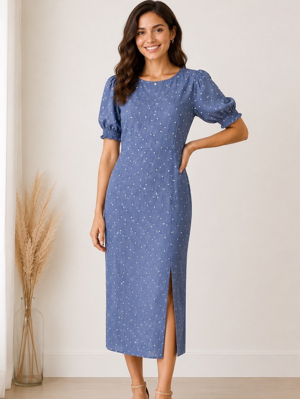 LOFT Blue Heart Print Puff Sleeve Midi Dress | Size 4 | Cottagecore